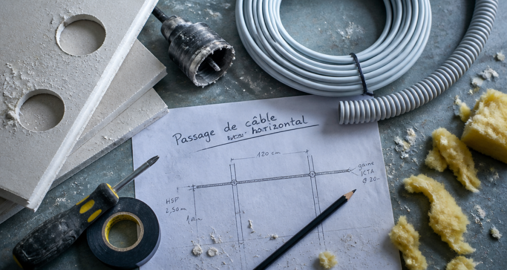 passer un câble horizontal dans une cloison placo outillage