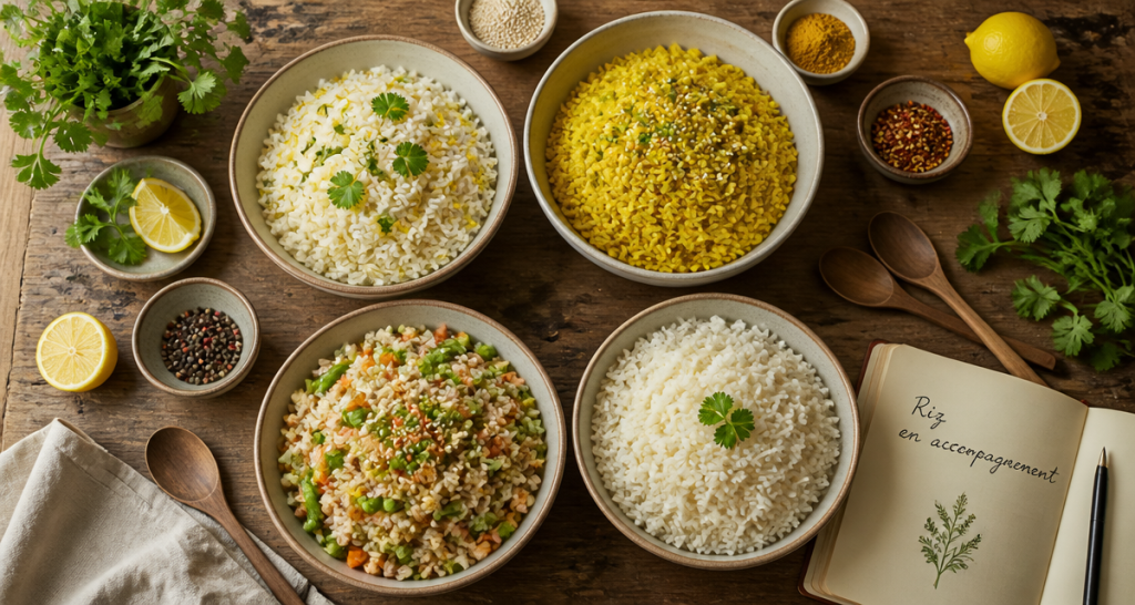 riz en accompagnement recettes, 4 bols variés sur table rustique