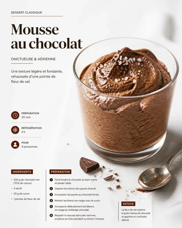 Mousse au chocolat onctueuse réalisée avec de la crème fraîche, dessert rapide et gourmand.