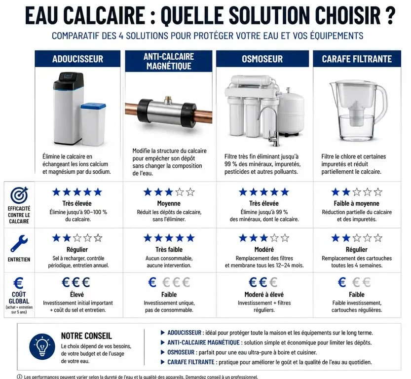 Infographie comparative des solutions pour traiter l'eau calcaire et réduire le tartre domestique