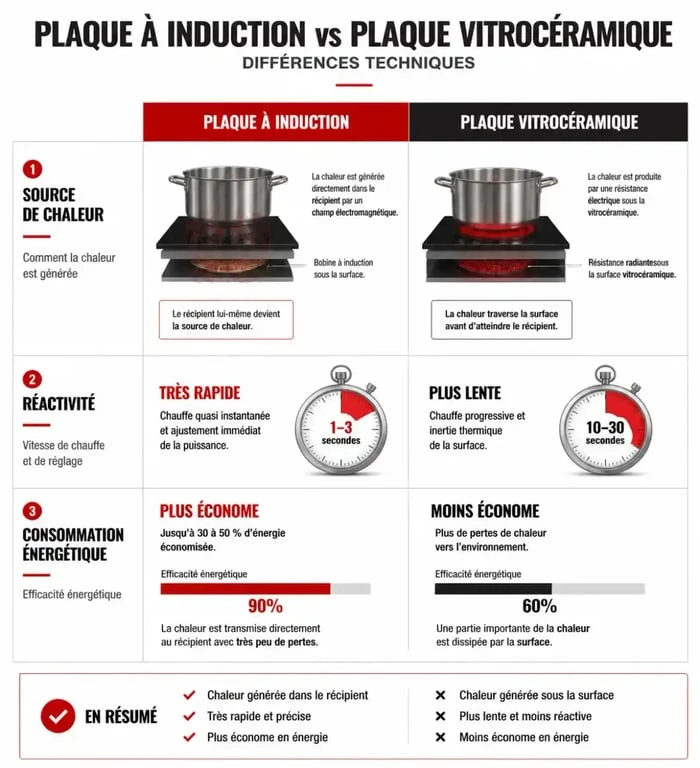 Tableau comparatif des différences entre plaque induction et vitrocéramique pour savoir comment reconnaitre une plaque induction et vitrocéramique
