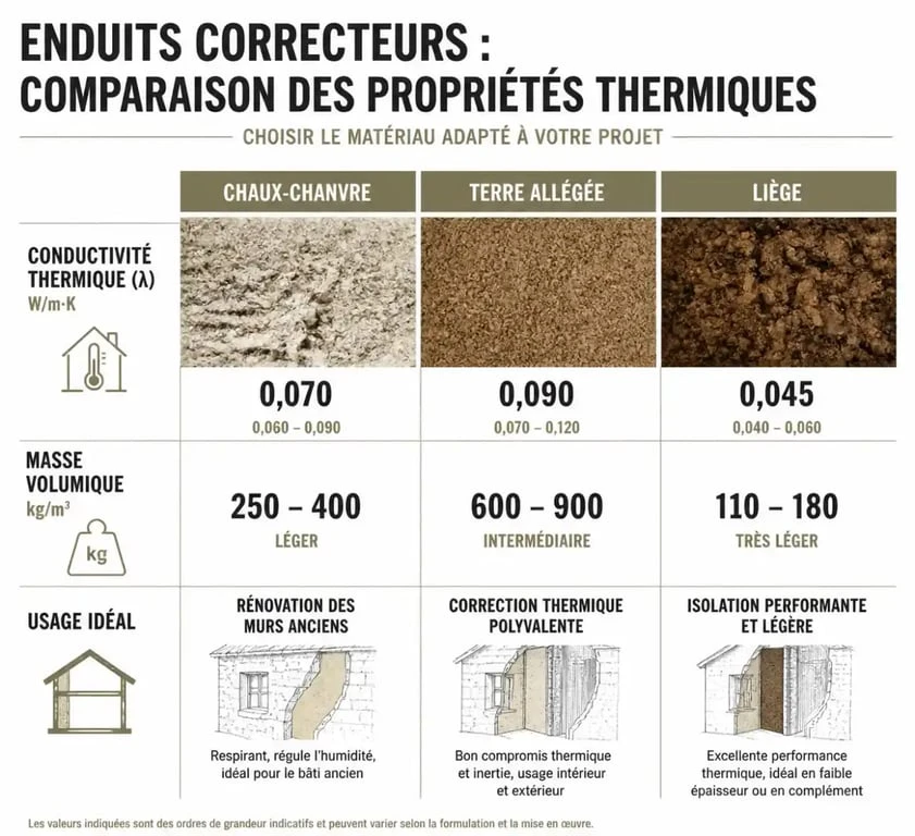 Infographie comparative des matériaux pour enduit correcteur thermique : chaux-chanvre, terre et liège.