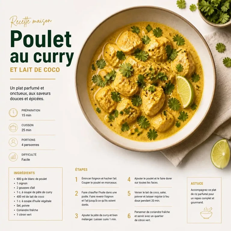 Plat à base de poulet : recette de poulet au curry et lait de coco