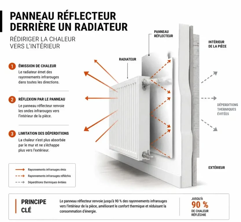 Schéma explicatif du fonctionnement d'un panneau réflecteur de radiateur pour optimiser la chaleur