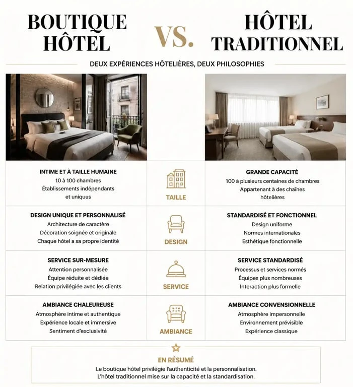 Infographie comparative : Boutique hôtel vs Hôtel traditionnel