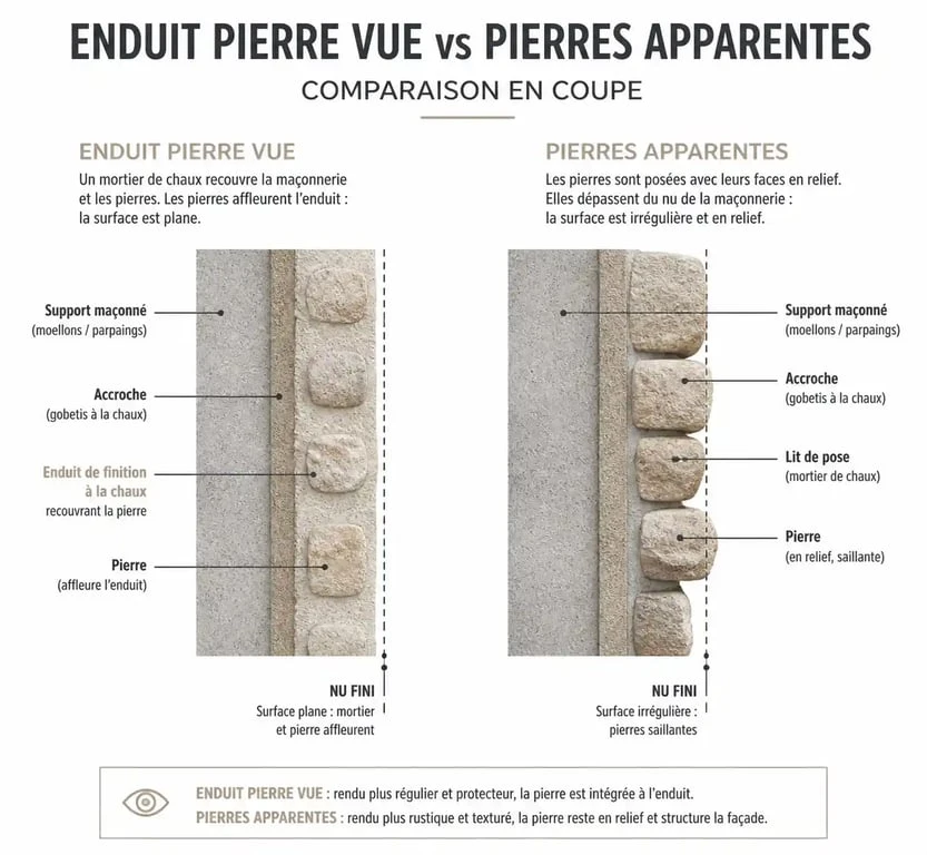 Comparatif technique en coupe : enduit pierre vue versus pierres apparentes pour façade ancienne
