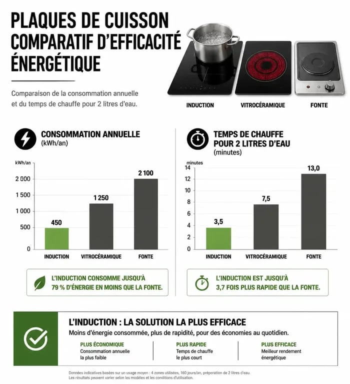 Comparatif de consommation électrique entre plaque vitrocéramique, induction et fonte