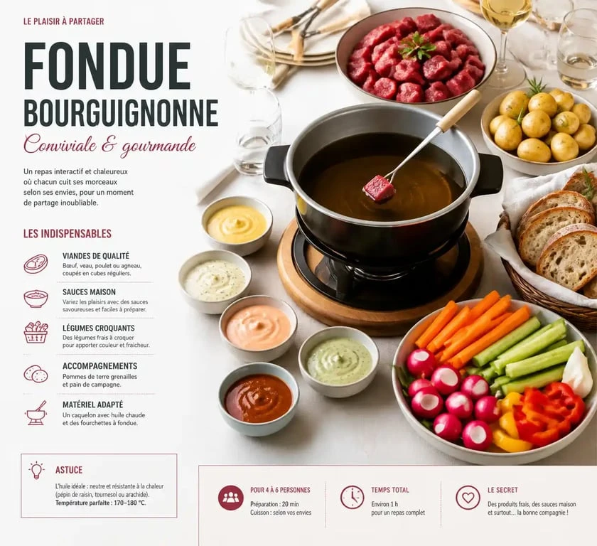 Table dressée avec accompagnements pour une fondue bourguignonne réussie