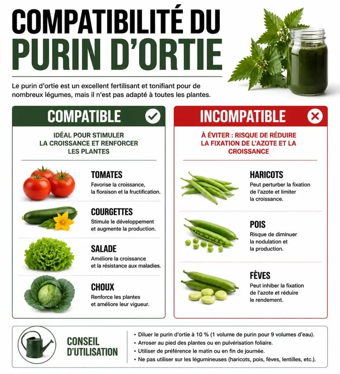 Tableau récapitulatif des plantes compatibles et incompatibles avec le purin d'ortie