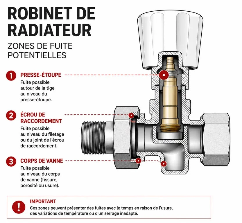 Schéma explicatif des zones de fuite d'un robinet de radiateur : presse-étoupe, raccord et corps de vanne.