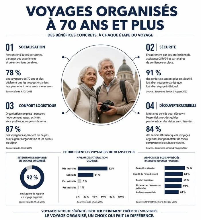 Infographie sur les avantages des voyages organisés pour personnes seules de 70 ans