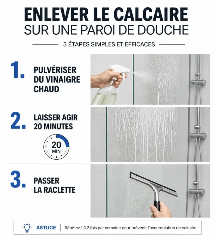 Infographie des étapes pour enlever le calcaire sur les parois de douche efficacement