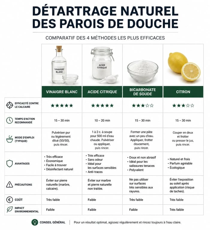 Infographie comparative des méthodes naturelles pour enlever le calcaire sur une paroi de douche