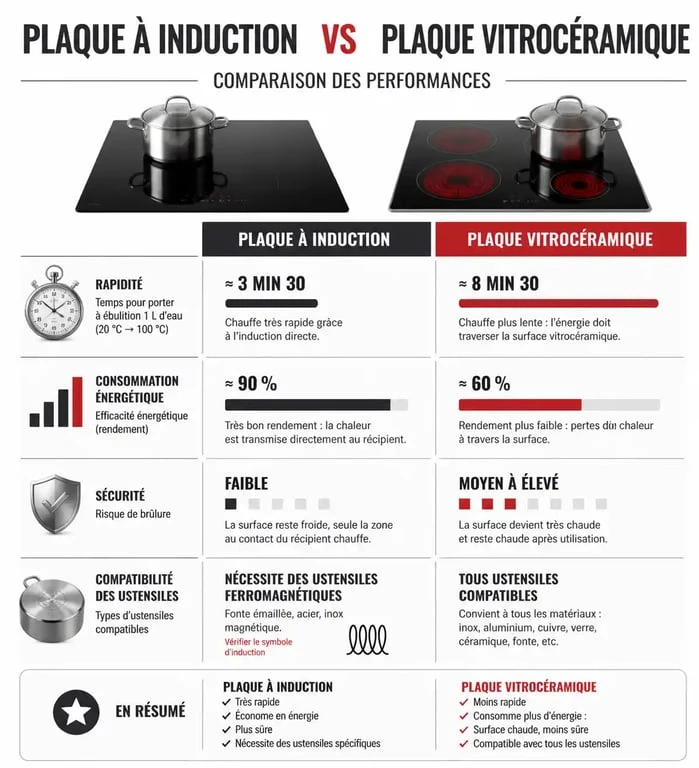 Infographie comparative des différences entre plaque à induction et plaque vitrocéramique pour bien choisir son équipement de cuisine