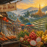 Marché asiatique, rizières, pagodes, destination Asie