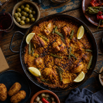 Plats espagnols : paella valencienne et tapas, vue de dessus
