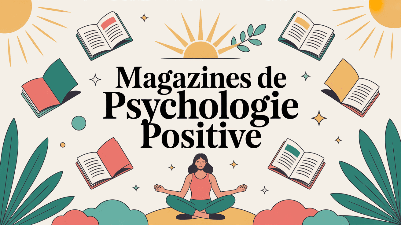 psychologie positive magazine couverture avec méditation et symboles bien-être