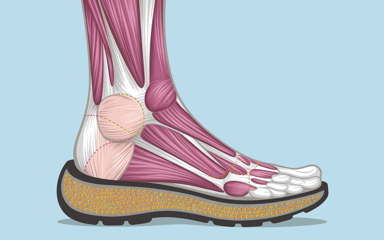 vue coupe chaussure semelles orthopédiques douleurs musculaires redistribution pression