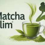 Tasse de matcha slim, poudre verte, silhouette minceur, ambiance zen