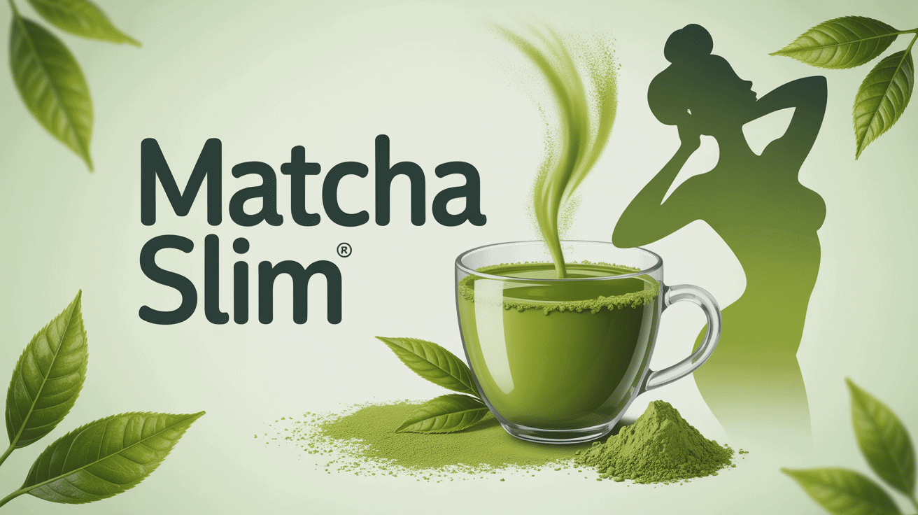 Tasse de matcha slim, poudre verte, silhouette minceur, ambiance zen