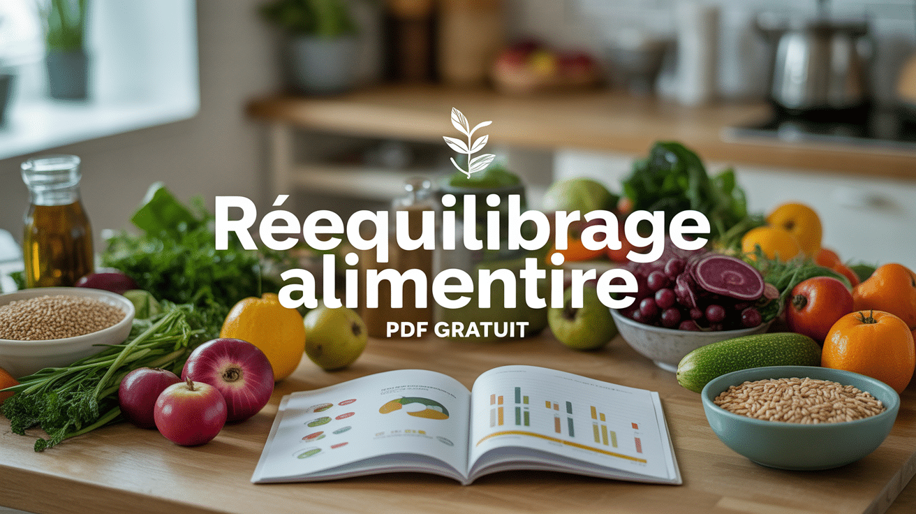 Table avec aliments frais et document rééquilibrage alimentaire PDF gratuit