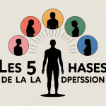 Les 5 phases de la dépression illustration silhouette cercles couleurs