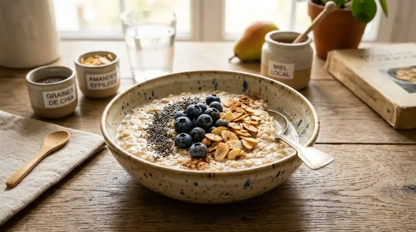 Bol de porridge d'avoine sain avec graines de chia et myrtilles