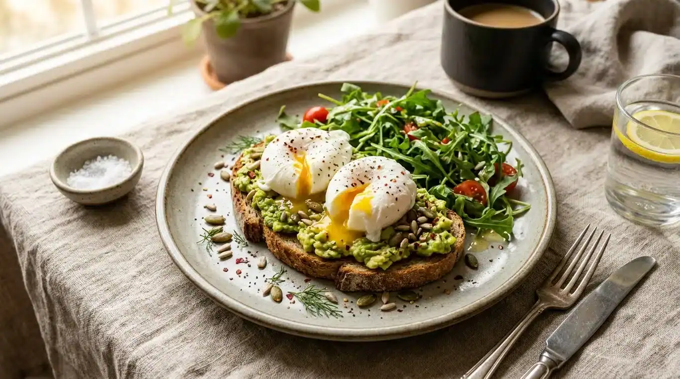 Assiette de petit-déjeuner équilibré avec pain de seigle, avocat, œufs pochés et graines de courge.
