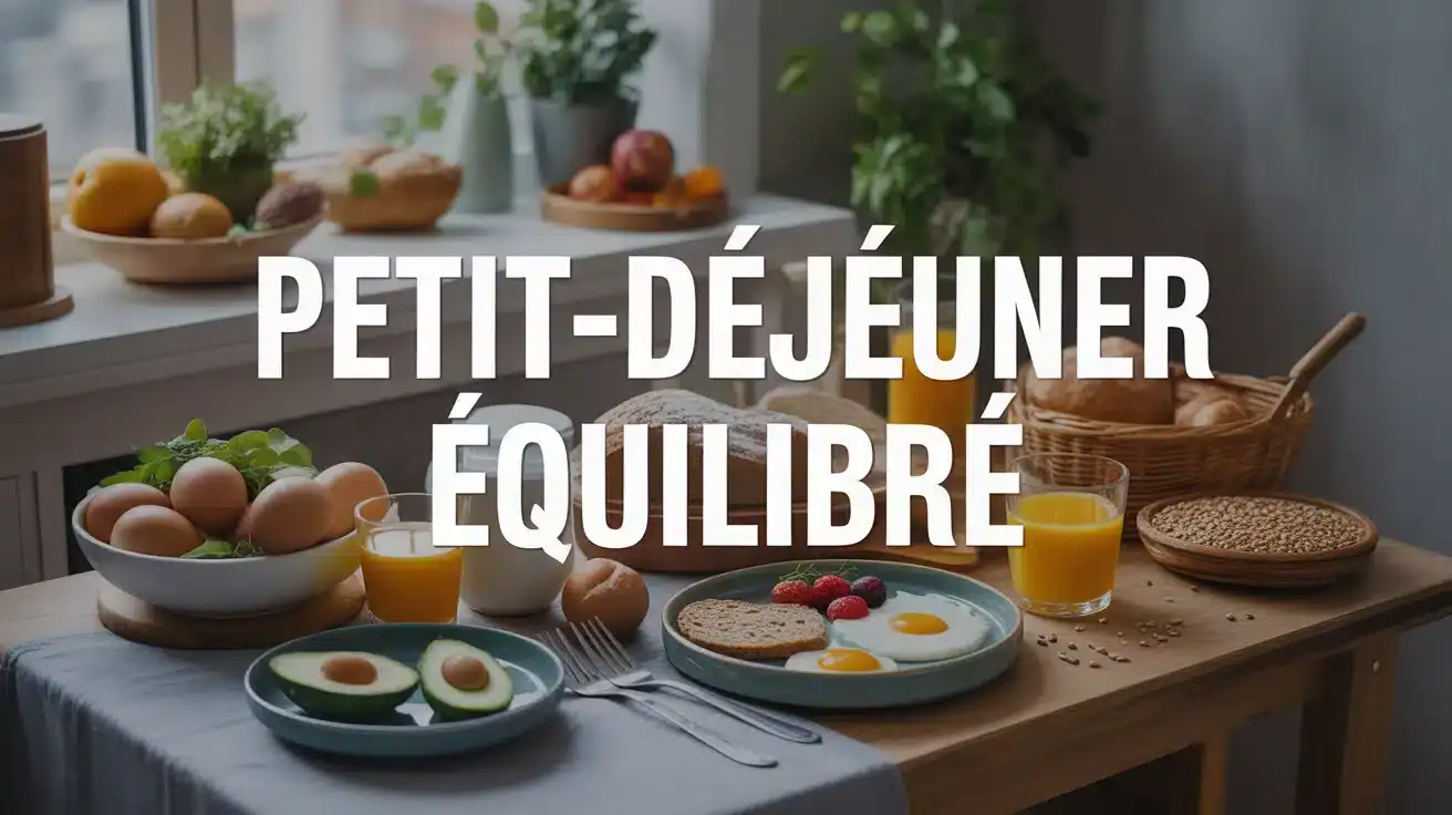Petit déjeuner équilibré avec œufs avocat pain complet graines fruits