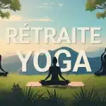 Illustration retraite yoga en pleine nature avec silhouettes en posture de yoga