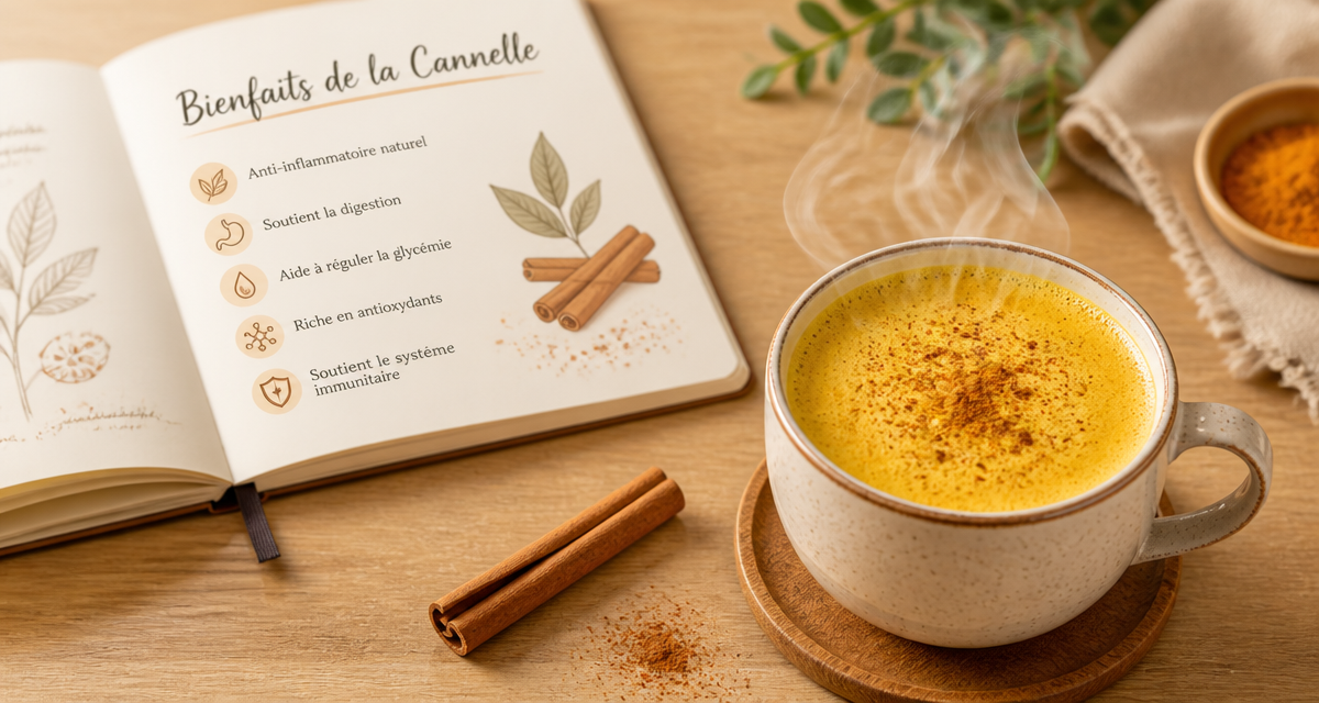 Bienfait de la cannelle avec bâton et tasse de golden latte