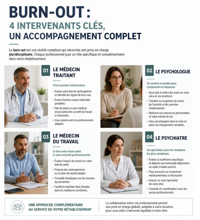 Infographie des professionnels de santé pour accompagner une personne en burn out