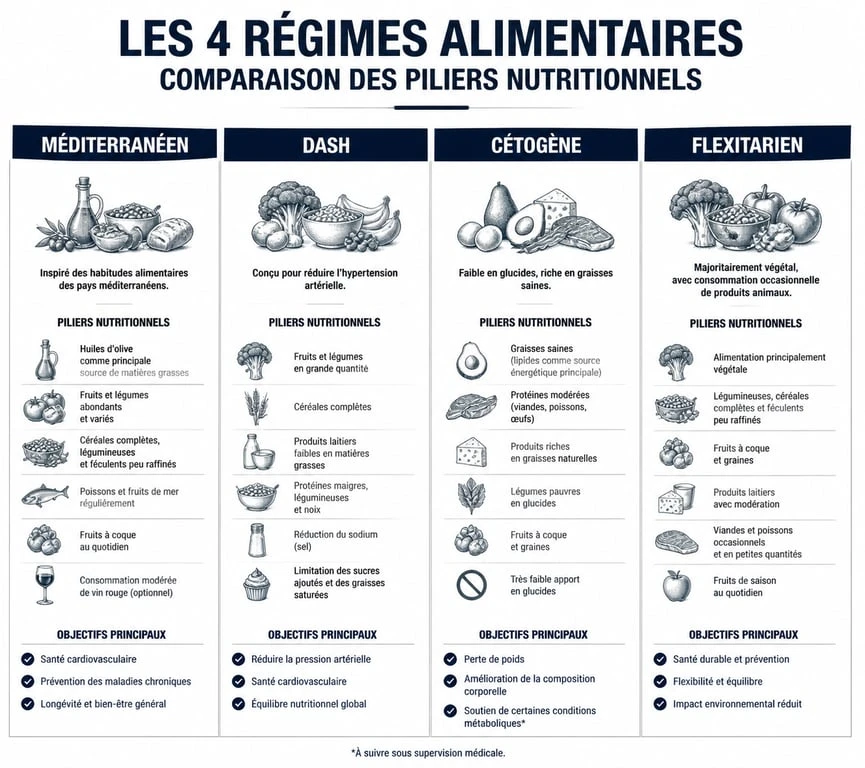 Infographie comparative des meilleurs régimes pour perdre du poids : Méditerranéen, DASH, Cétogène et Flexitarien