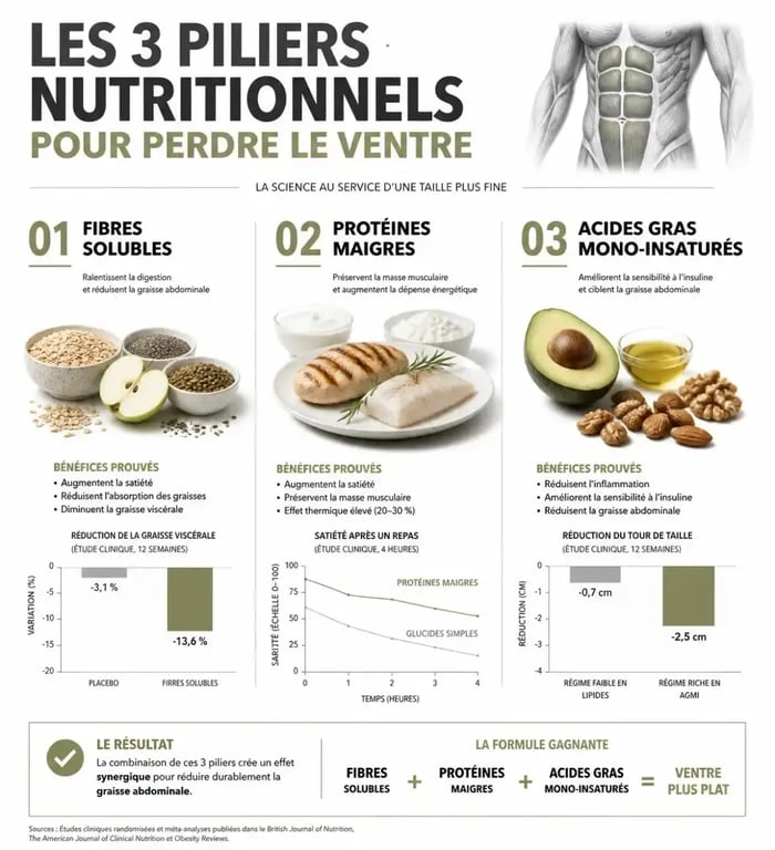 Infographie sur les aliments pour perdre le ventre : fibres, protéines et bonnes graisses