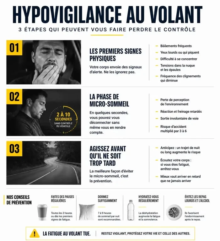 Infographie sur les signes et la prévention de l'hypovigilance au volant pour la sécurité routière