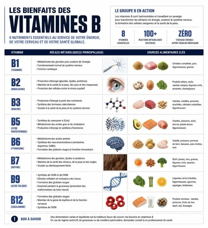 Infographie des bienfaits des vitamines B et leurs rôles dans l'organisme
