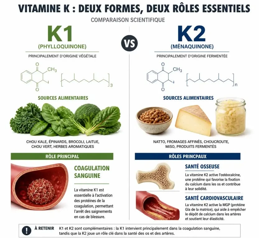 Infographie comparant les sources et bienfaits des aliments riches en vitamine K1 et K2