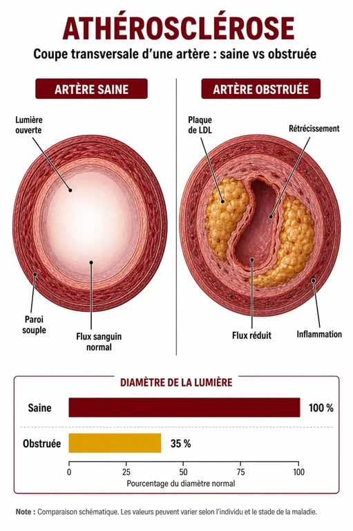 Infographie illustrant le mécanisme de l'athérosclérose et les bienfaits des remèdes de grand-mère pour déboucher les artères