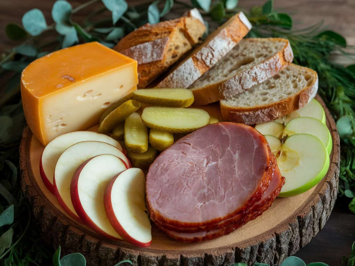 Indulge in These 15 Cheese and Meat Platters Alongside Your Coffee 4 4. Rustic Cheddar and Ham Artisan Board