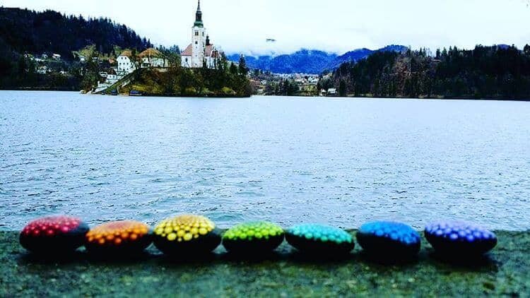 Paint Mandala Stones with Eszter Csóka of Chakra Mandala Stones 4 mandala stones with lake and mountains