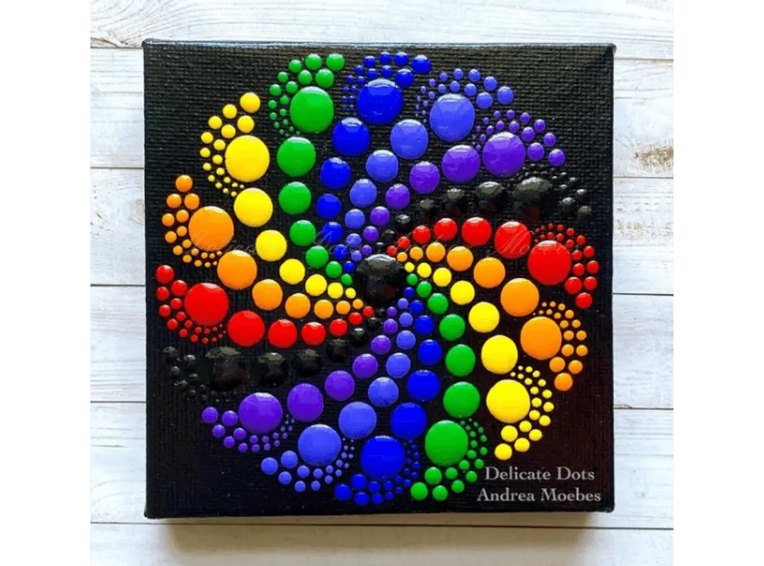 How to Make a Rainbow Inspired Mandala Art Dot Painting 6 rainbow swirl dot painted canvas