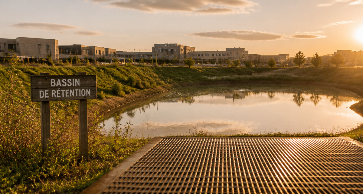 bassin de rétention en périphérie urbaine au coucher du soleil