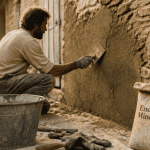 Artisan applique chaux enduit sur mur