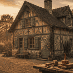 colombage maison typique pans bois taupe vert