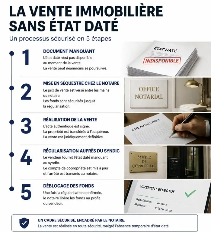 Schéma du processus de vente immobilière sans état daté avec mise en place d'un séquestre chez le notaire