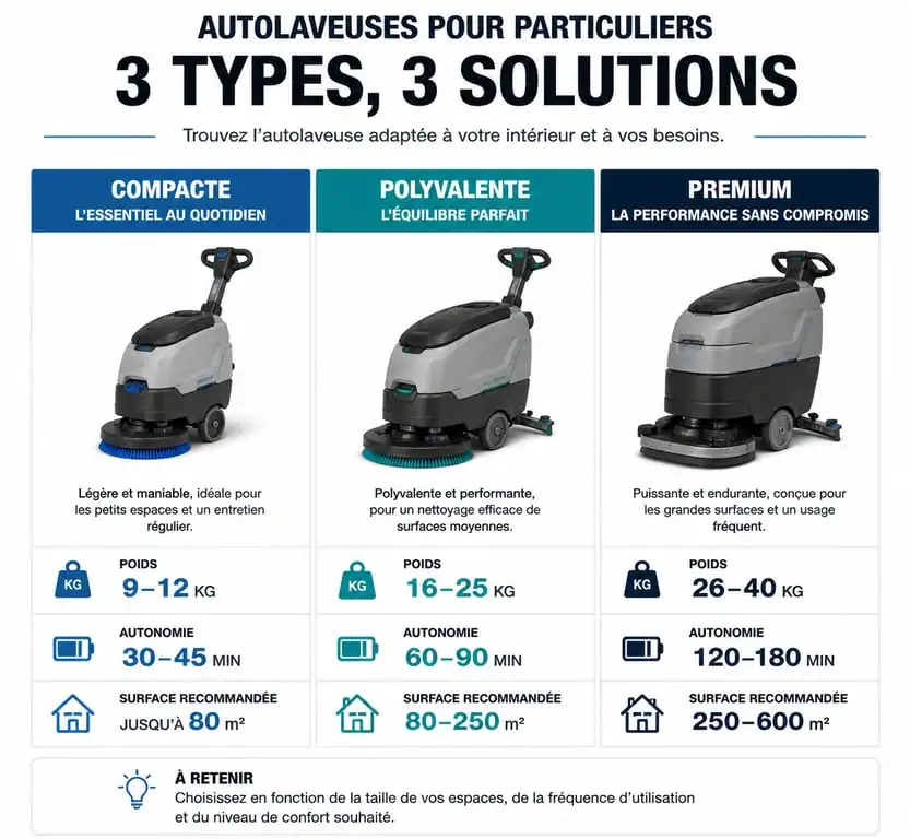 Infographie comparative des meilleures autolaveuses pour particulier : critères de choix et caractéristiques techniques