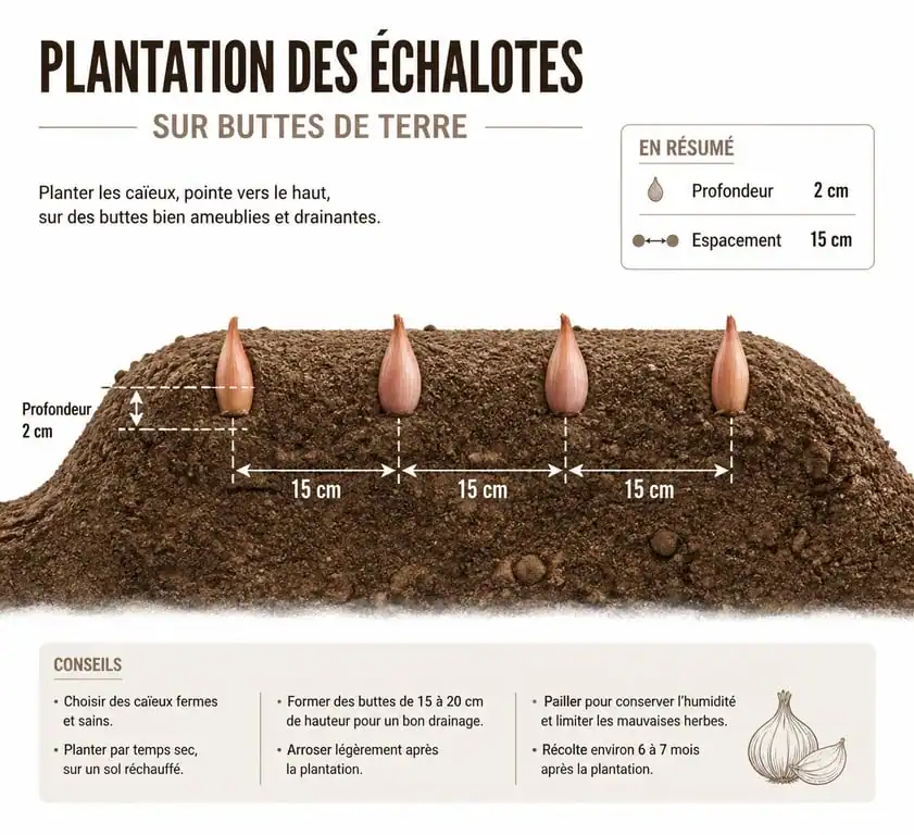 Schéma technique de plantation des échalotes sur buttes pour un drainage optimal