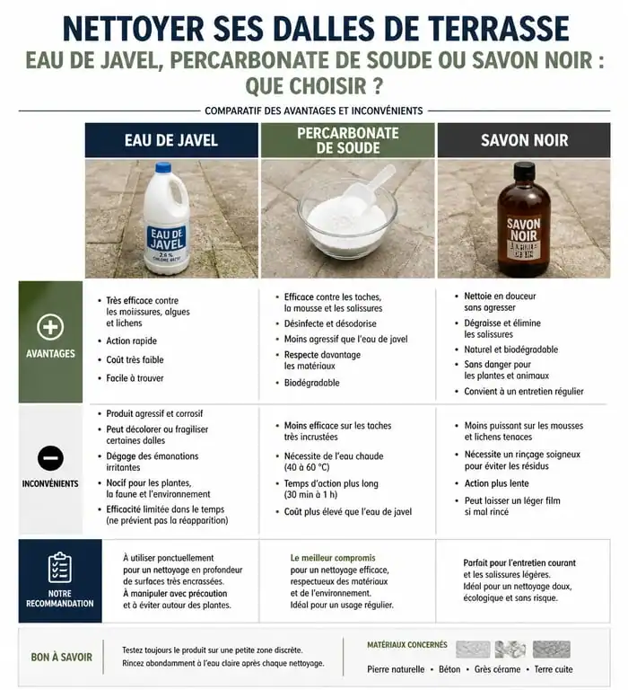 Infographie comparative : eau de javel vs alternatives écologiques pour le nettoyage de dalle de terrasse