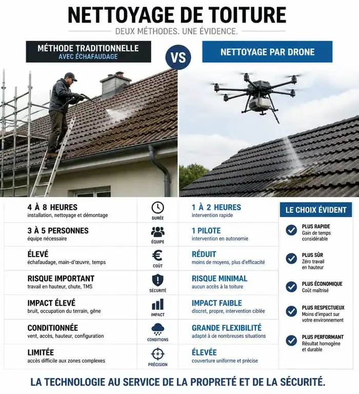 Comparatif nettoyage toiture par drone vs méthode traditionnelle