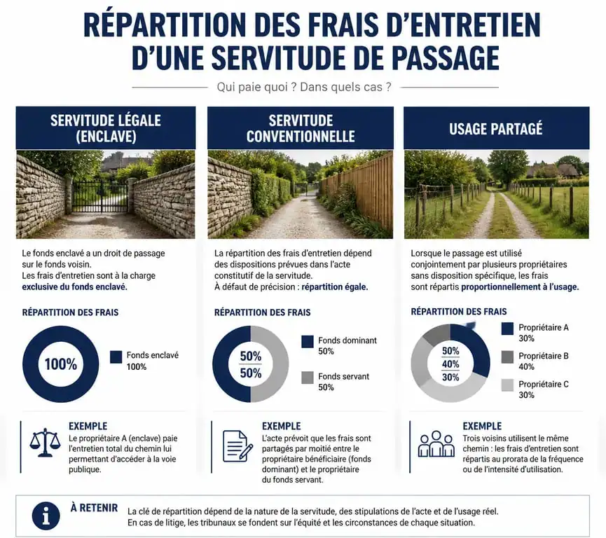 Infographie sur la répartition des frais d'entretien d'une servitude de passage selon le type de servitude